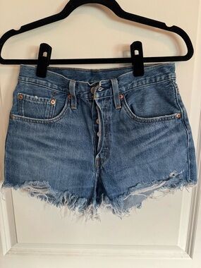 Levi's Medium Blue High-Rise Frayed Hem Jean Shorts